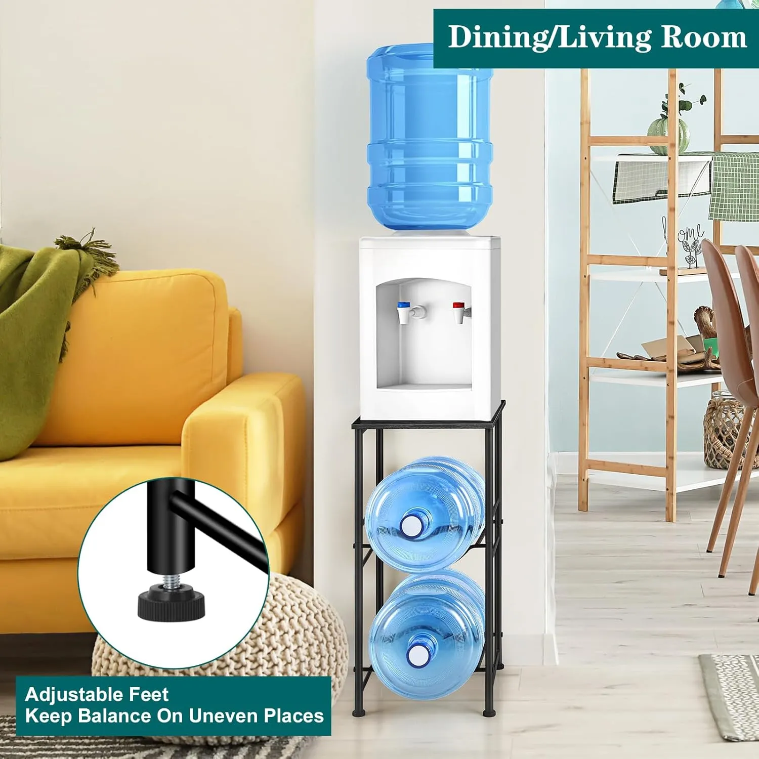 Water Bottle Holder 5 Gallon Water Jug Holder with Storage Shelf, 2 Tier Black Water Bottle Rack Stand with 2 Slots for Small Space, Kitchen, Home Office, Living Room