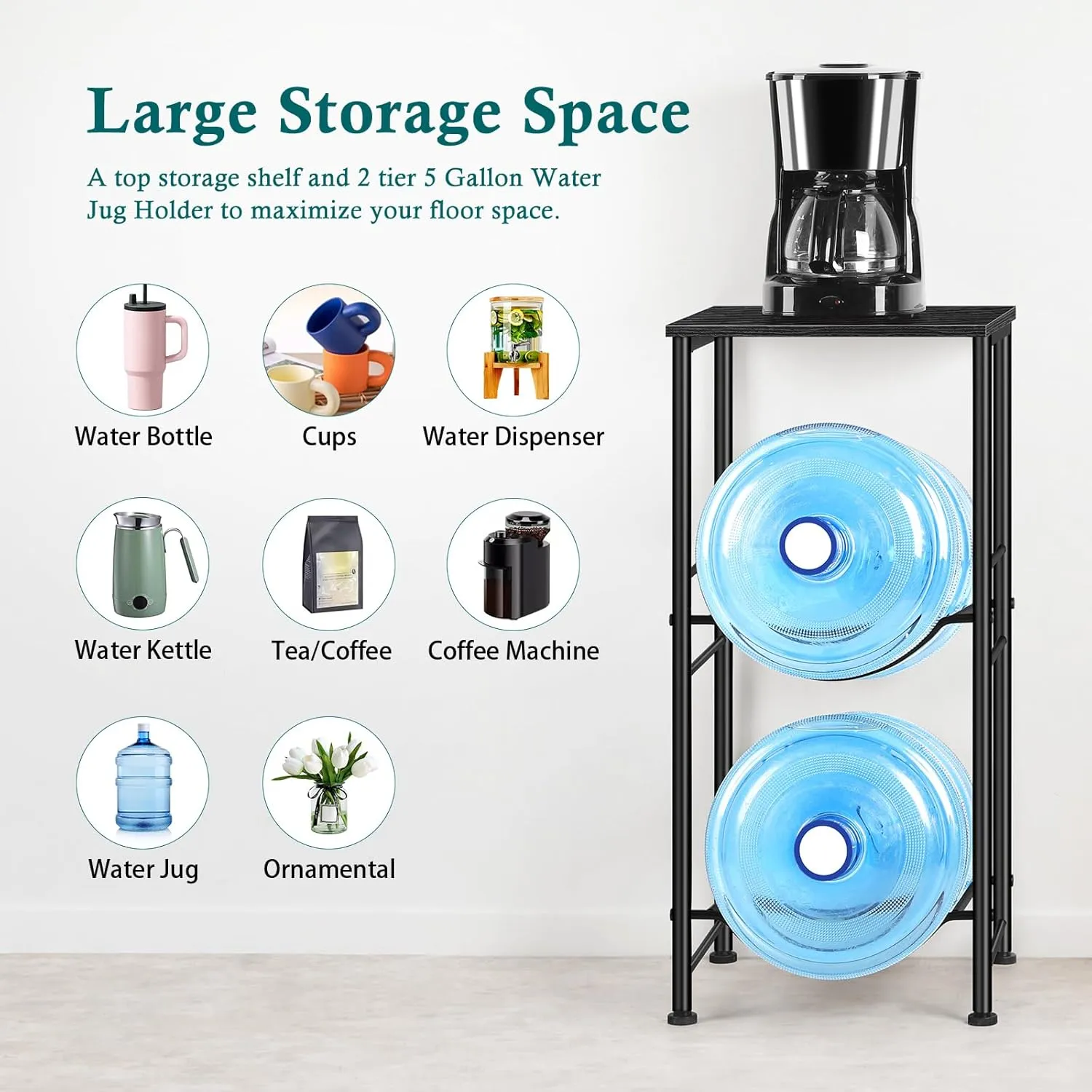Water Bottle Holder 5 Gallon Water Jug Holder with Storage Shelf, 2 Tier Black Water Bottle Rack Stand with 2 Slots for Small Space, Kitchen, Home Office, Living Room