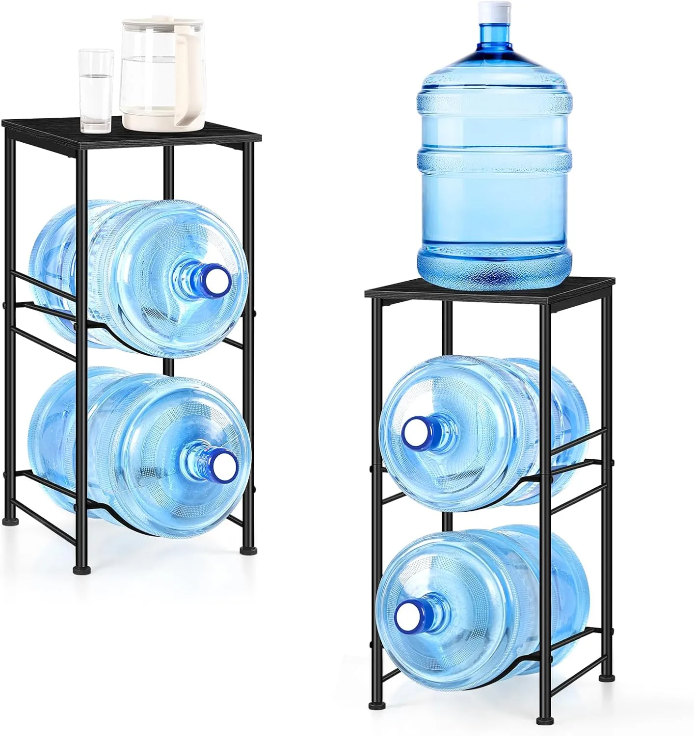 Water Bottle Holder 5 Gallon Water Jug Holder with Storage Shelf, 2 Tier Black Water Bottle Rack Stand with 2 Slots for Small Space, Kitchen, Home Office, Living Room