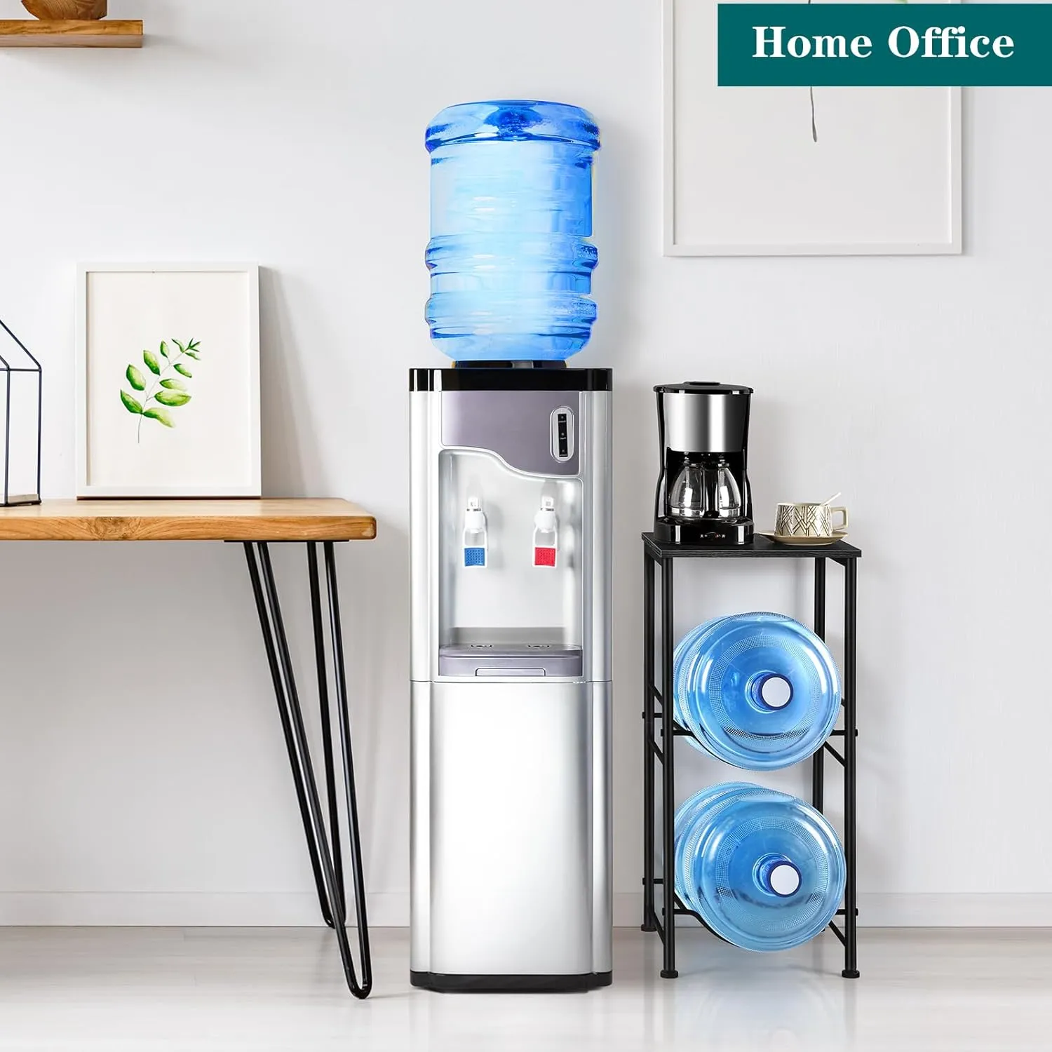 Water Bottle Holder 5 Gallon Water Jug Holder with Storage Shelf, 2 Tier Black Water Bottle Rack Stand with 2 Slots for Small Space, Kitchen, Home Office, Living Room
