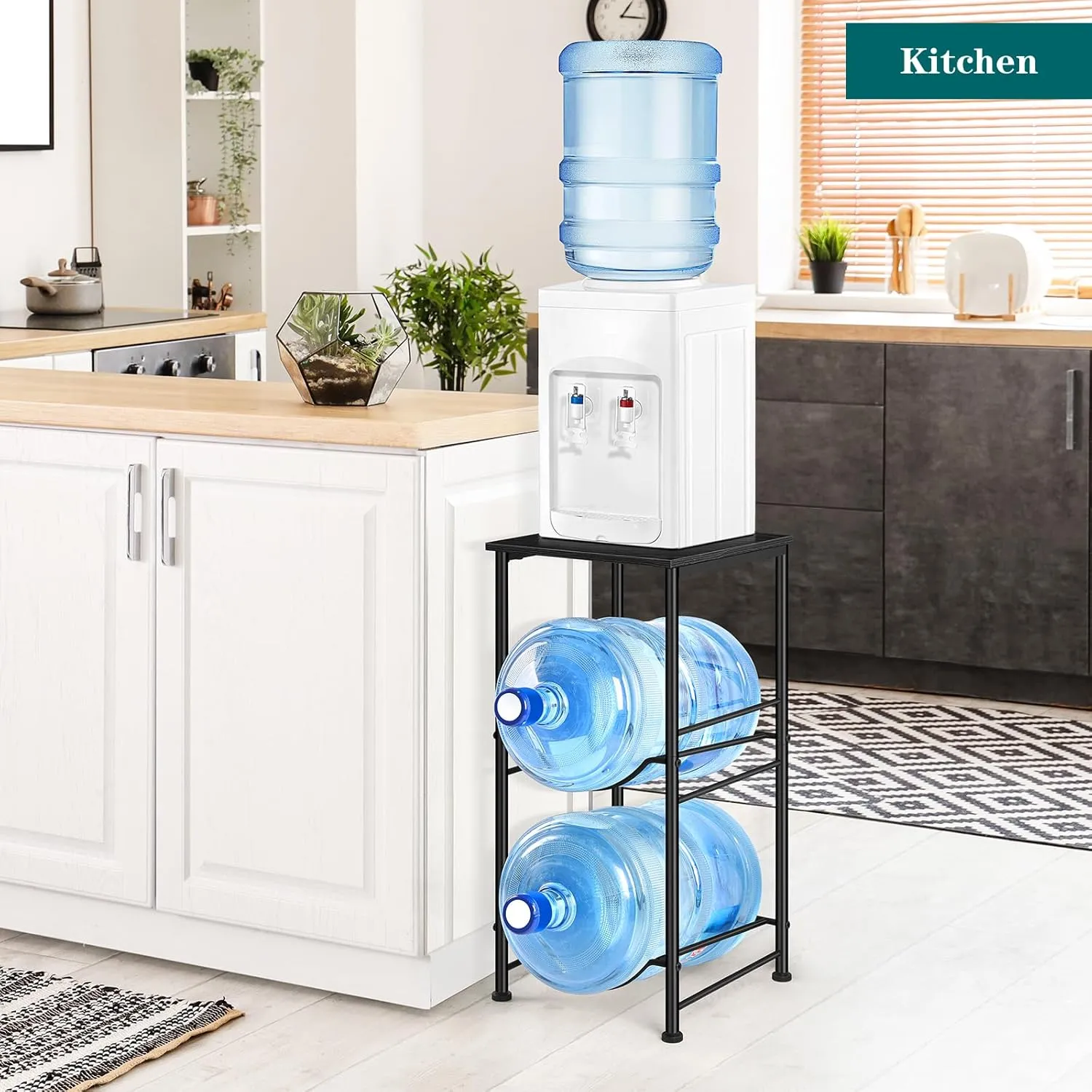 Water Bottle Holder 5 Gallon Water Jug Holder with Storage Shelf, 2 Tier Black Water Bottle Rack Stand with 2 Slots for Small Space, Kitchen, Home Office, Living Room