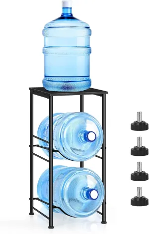 Water Bottle Holder 5 Gallon Water Jug Holder with Storage Shelf, 2 Tier Black Water Bottle Rack Stand with 2 Slots for Small Space, Kitchen, Home Office, Living Room