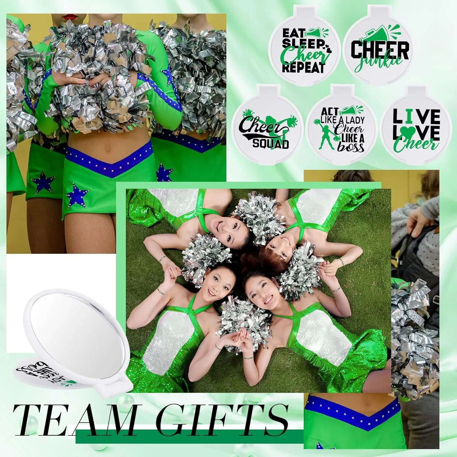 Wenqik 50 Pcs Cheerleader Mirror Gifts Cheerleading Compact Mirror Bulk Folding Pocket Portable Makeup Mirrors Cheer Party Favors for Team Friendship Gift(Green Cheer)