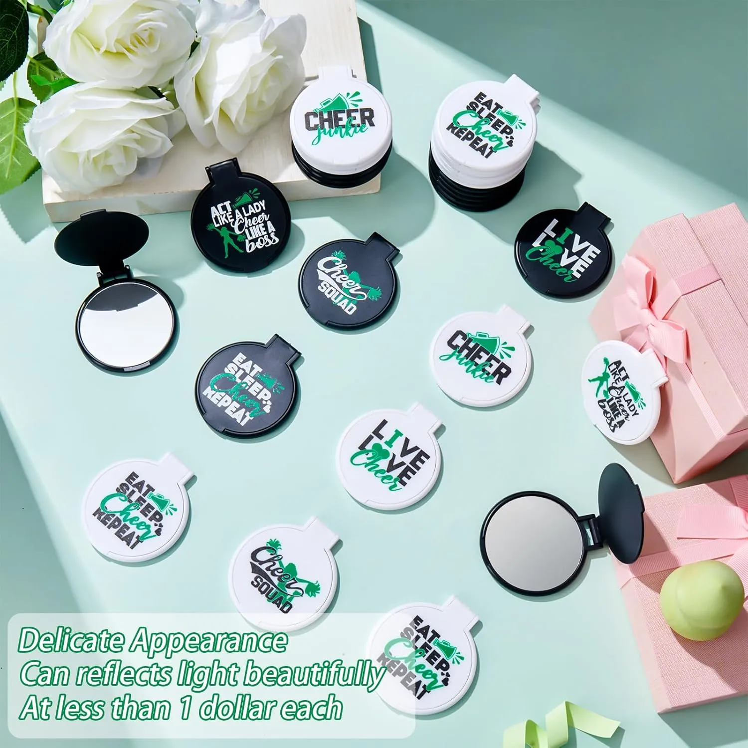 Wenqik 50 Pcs Cheerleader Mirror Gifts Cheerleading Compact Mirror Bulk Folding Pocket Portable Makeup Mirrors Cheer Party Favors for Team Friendship Gift(Green Cheer)