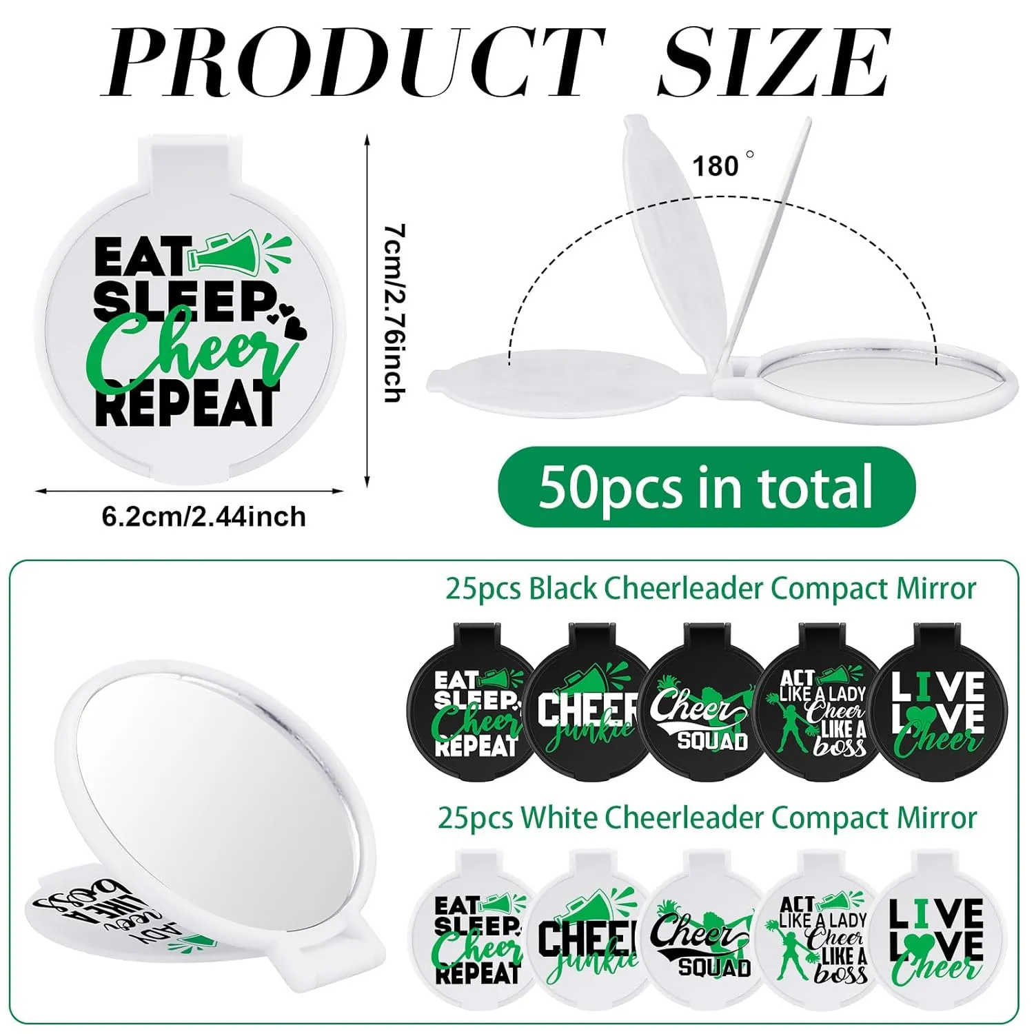 Wenqik 50 Pcs Cheerleader Mirror Gifts Cheerleading Compact Mirror Bulk Folding Pocket Portable Makeup Mirrors Cheer Party Favors for Team Friendship Gift(Green Cheer)