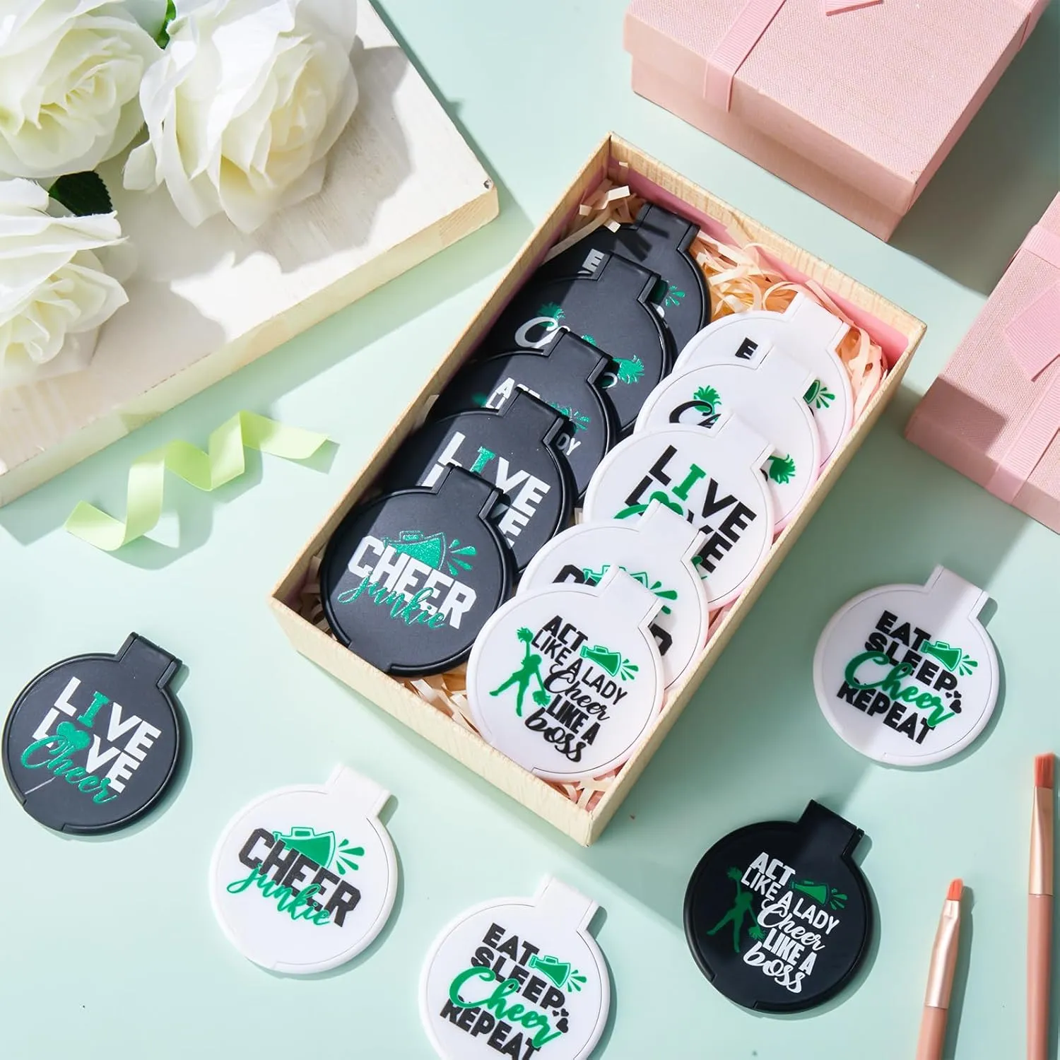 Wenqik 50 Pcs Cheerleader Mirror Gifts Cheerleading Compact Mirror Bulk Folding Pocket Portable Makeup Mirrors Cheer Party Favors for Team Friendship Gift(Green Cheer)