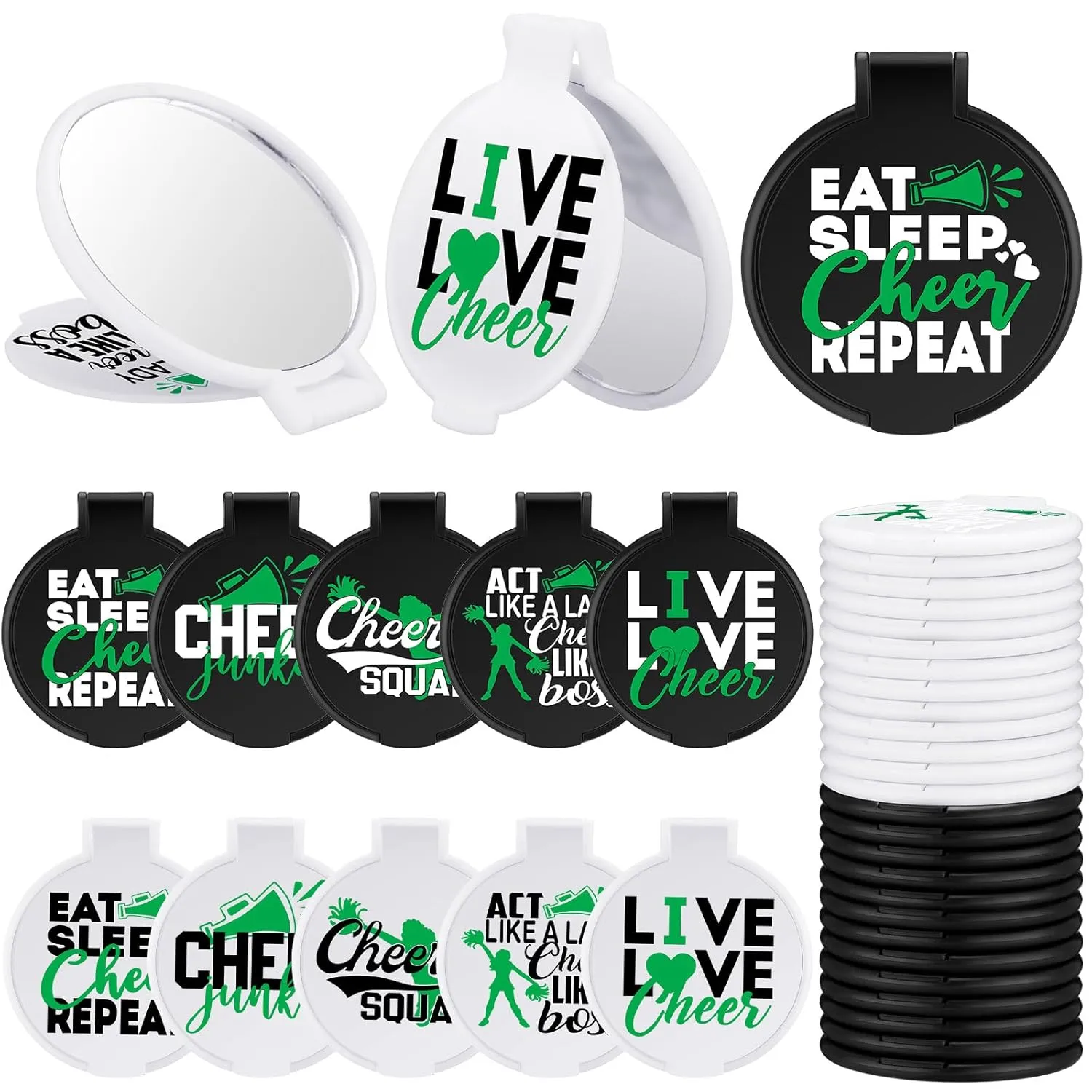 Wenqik 50 Pcs Cheerleader Mirror Gifts Cheerleading Compact Mirror Bulk Folding Pocket Portable Makeup Mirrors Cheer Party Favors for Team Friendship Gift(Green Cheer)