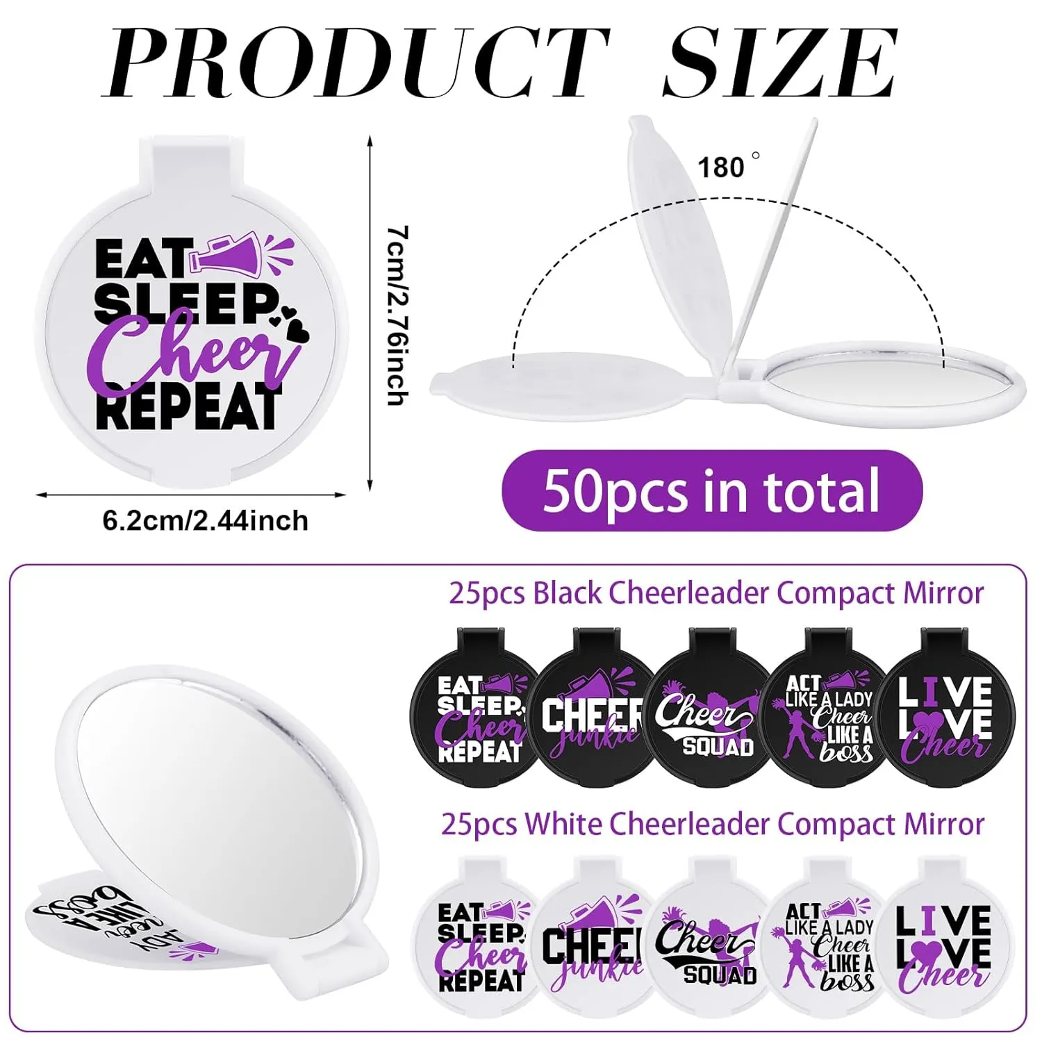Wenqik 50 Pcs Cheerleader Mirror Gifts Cheerleading Compact Mirror Bulk Folding Pocket Portable Makeup Mirrors Cheer Party Favors for Team Friendship Gift(Purple Cheer)