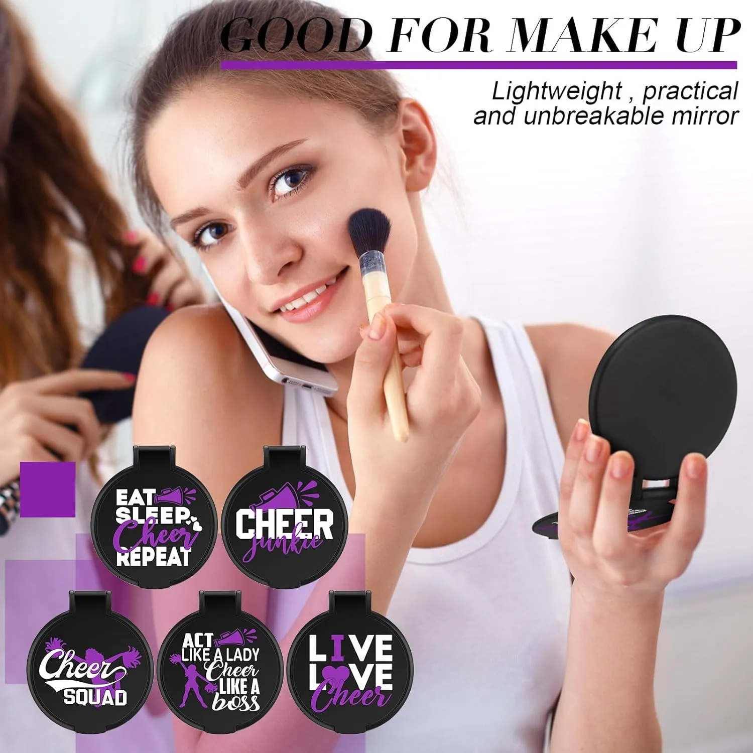 Wenqik 50 Pcs Cheerleader Mirror Gifts Cheerleading Compact Mirror Bulk Folding Pocket Portable Makeup Mirrors Cheer Party Favors for Team Friendship Gift(Purple Cheer)