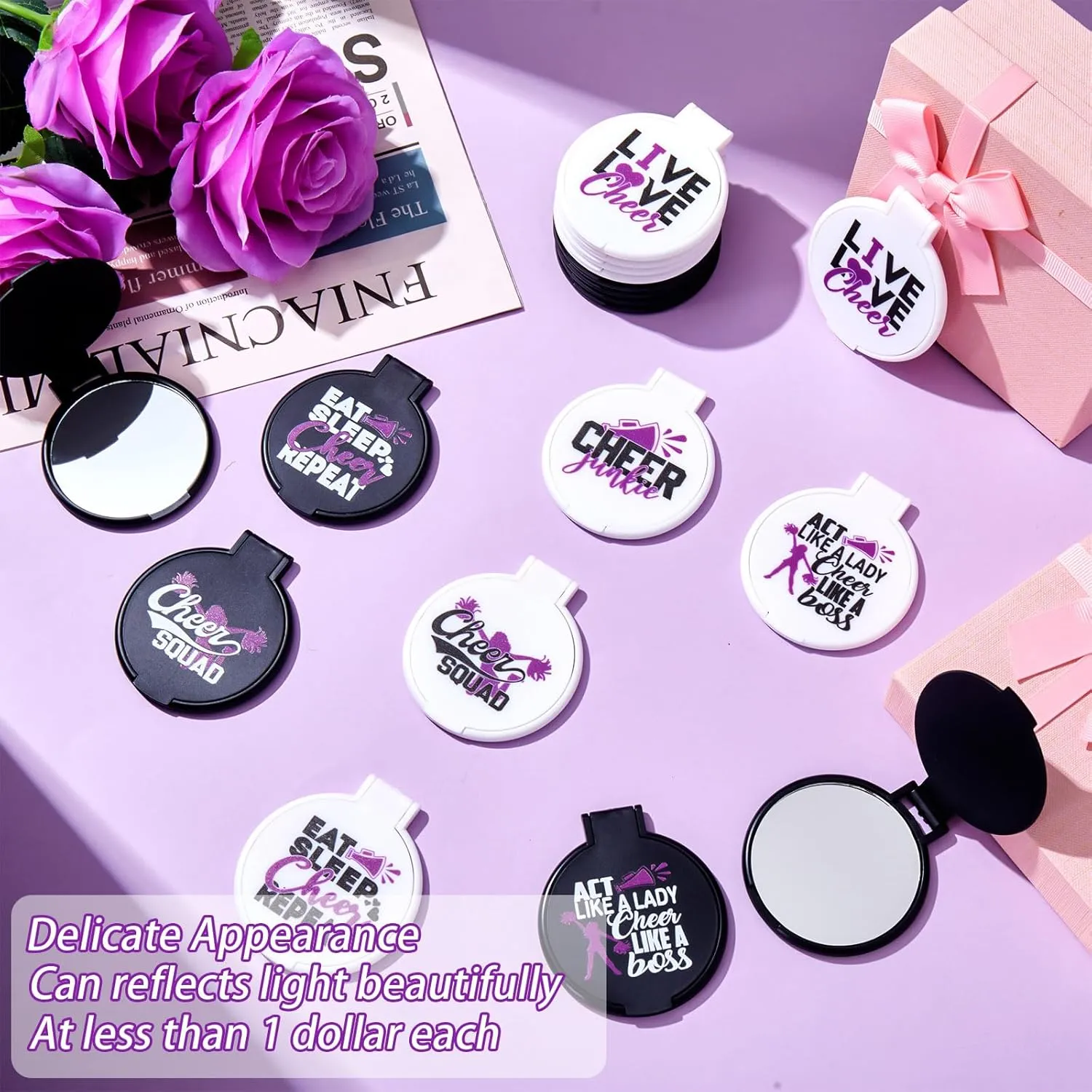 Wenqik 50 Pcs Cheerleader Mirror Gifts Cheerleading Compact Mirror Bulk Folding Pocket Portable Makeup Mirrors Cheer Party Favors for Team Friendship Gift(Purple Cheer)