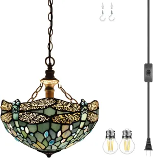 WERFACTORY Tiffany Pendant Light Plug in Sea Blue Stained Glass Dragonfly 12 Inch Hanging Lamp Decor Island Kitchen Bar Hallway Dining Bedroom Entryway Home Office S147 Series