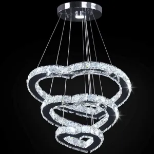 Winretro Modern 3 Ring Crystal Heart Chandelier Light Fixture LED Pendant Lighting Stainless Steel Chrome Chandeliers Ceiling Hanging Lights for Living Room Dinning Room Kitchen Bedroom