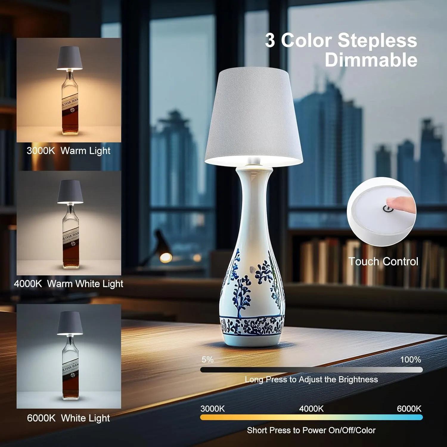 Wireless Bottle Lamp, 2025 New 3 Color Rechargeable Wine Bottle Lights for Bars Restaurants (Bronze, 1PC)