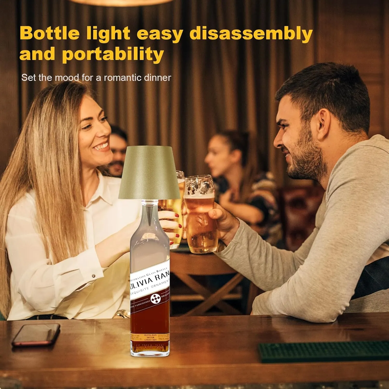 Wireless Bottle Lamp, 2025 New 3 Color Rechargeable Wine Bottle Lights for Bars Restaurants (Placer Gold, 1PC)