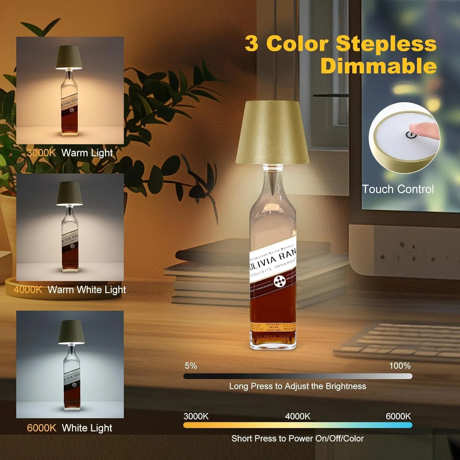 Wireless Bottle Lamp, 2025 New 3 Color Rechargeable Wine Bottle Lights for Bars Restaurants (Placer Gold, 1PC)