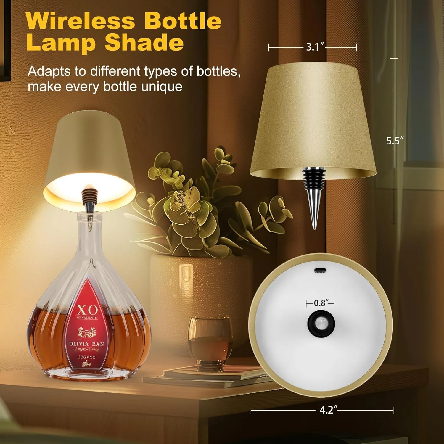Wireless Bottle Lamp, 2025 New 3 Color Rechargeable Wine Bottle Lights for Bars Restaurants (Placer Gold, 1PC)