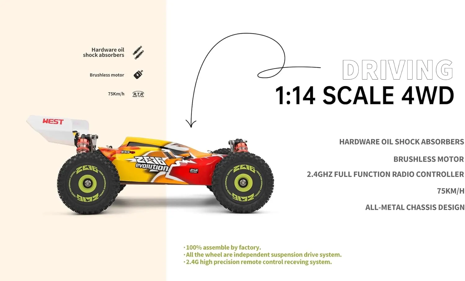WLtoys 144010 75KM/H 2.4G RC Car Brushless 4WD Electric High Speed Off-Road Remote Control Drift Toys for Children Racing (144010 1500 2200)