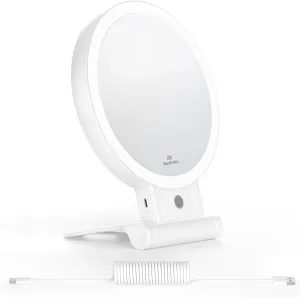 wobsion 1x/10x Lighted Magnifying Makeup Mirror, Rechargeable Folding Vanity Mirror, Tabletop&Hanging,3 Color Temperature with Double Mirror,White
