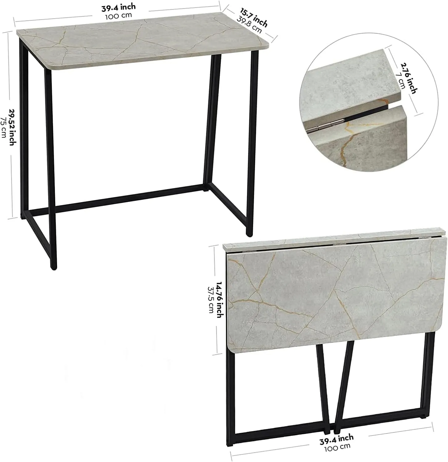 WOHOMO Folding Desk, Small Writing Desk 39.4", Space-Saving Foldable Laptop Table Writing Workstation for Home Office, Easy Assembly, Grey