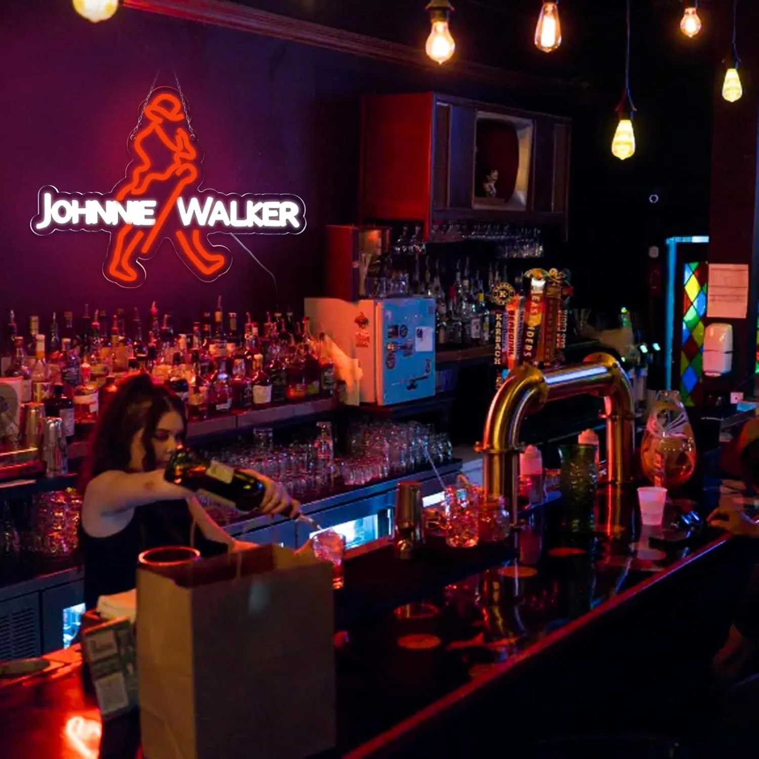 WonderfulLife Scotch Whisky Neon Sign for Johnnie Walker in Bar Pub Man Cave,Bright Orange and White Led Light Suitable for Garage Decor or Business Display,5V USB Powered Easy Hanging.