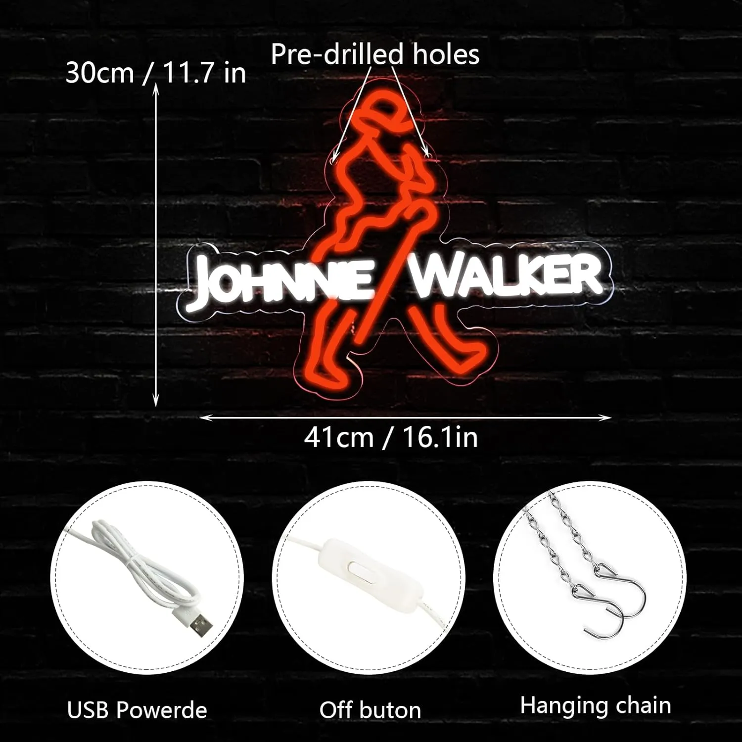 WonderfulLife Scotch Whisky Neon Sign for Johnnie Walker in Bar Pub Man Cave,Bright Orange and White Led Light Suitable for Garage Decor or Business Display,5V USB Powered Easy Hanging.
