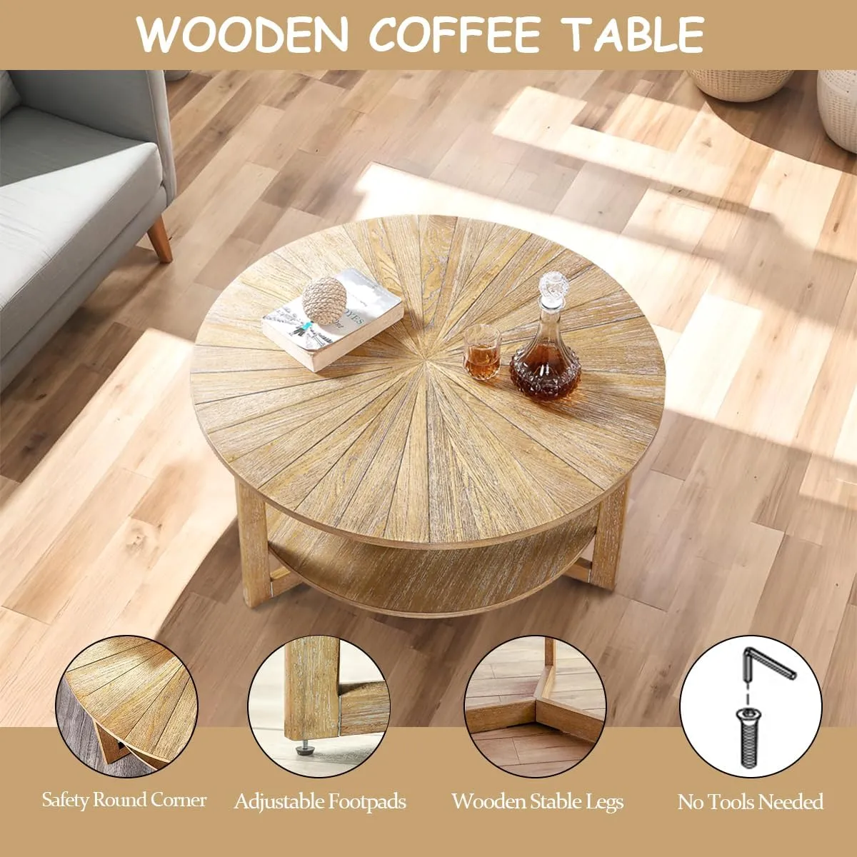 Wood Round Coffee Table for Living Room, 2 Tier Circle Rustic Coffee Table for Apartment Small Spaces, Easy Assembly (Light Brown,35" Dx35 Wx18 H)