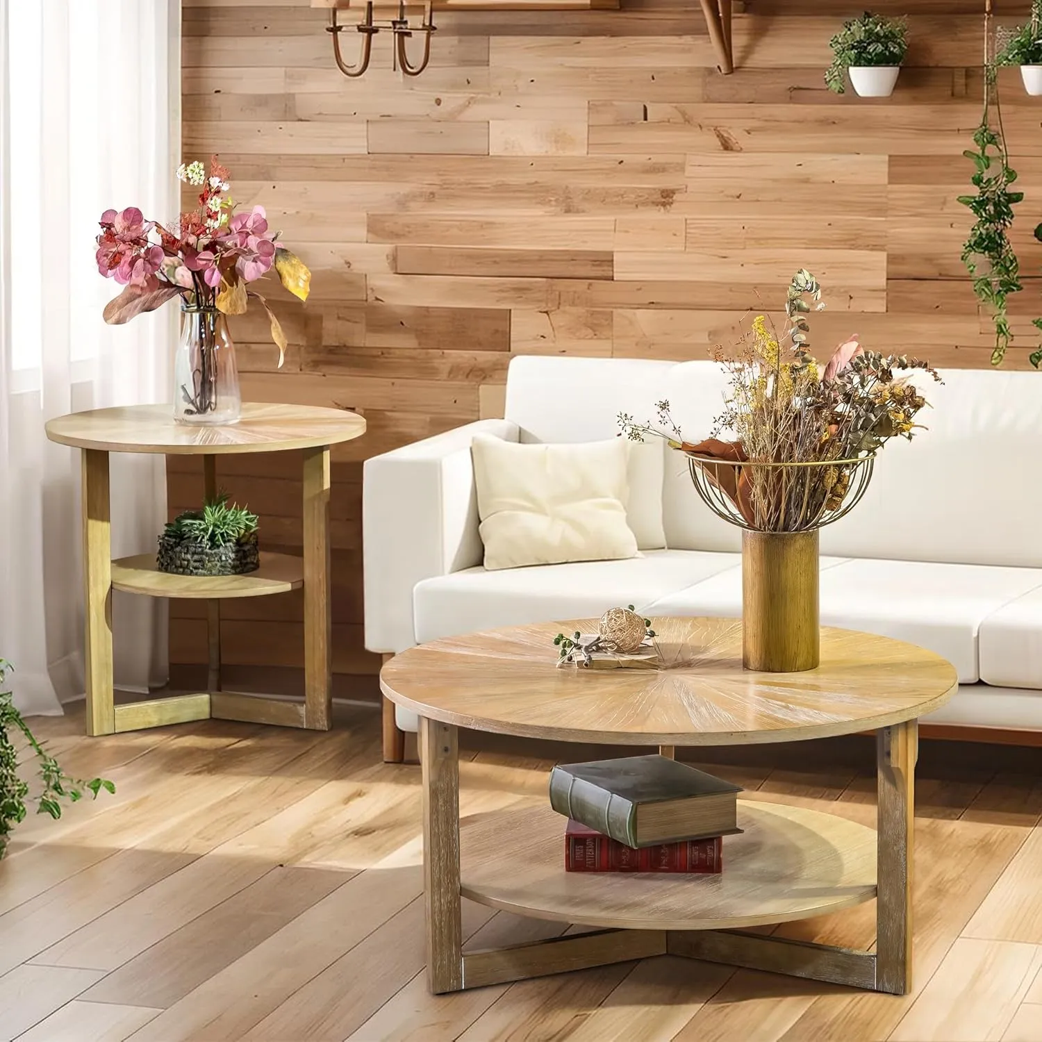 Wood Round Coffee Table for Living Room, 2 Tier Circle Rustic Coffee Table for Apartment Small Spaces, Easy Assembly (Light Brown,35" Dx35 Wx18 H)