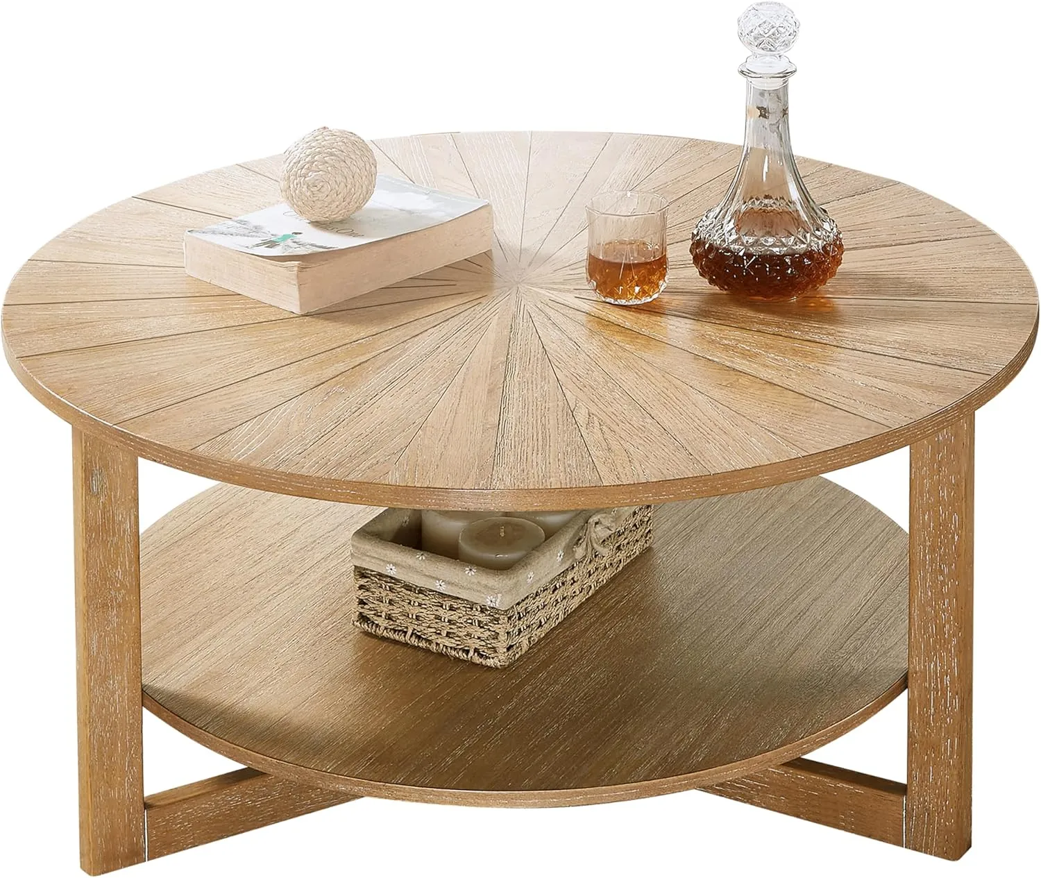 Wood Round Coffee Table for Living Room, 2 Tier Circle Rustic Coffee Table for Apartment Small Spaces, Easy Assembly (Light Brown,35" Dx35 Wx18 H)
