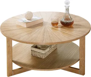 Wood Round Coffee Table for Living Room, 2 Tier Circle Rustic Coffee Table for Apartment Small Spaces, Easy Assembly (Light Brown,35" Dx35 Wx18 H)