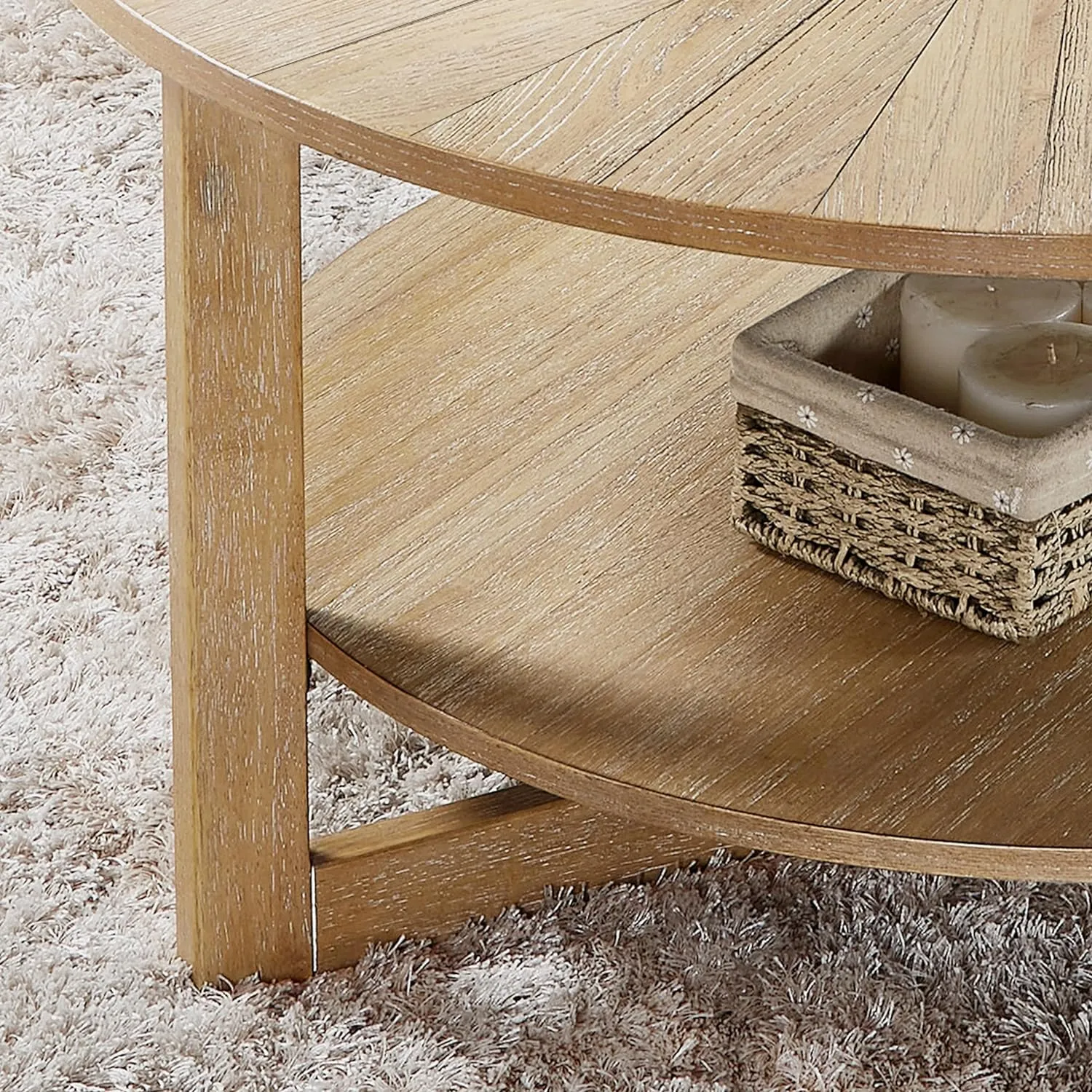 Wood Round Coffee Table for Living Room, 2 Tier Circle Rustic Coffee Table for Apartment Small Spaces, Easy Assembly (Light Brown,35" Dx35 Wx18 H)