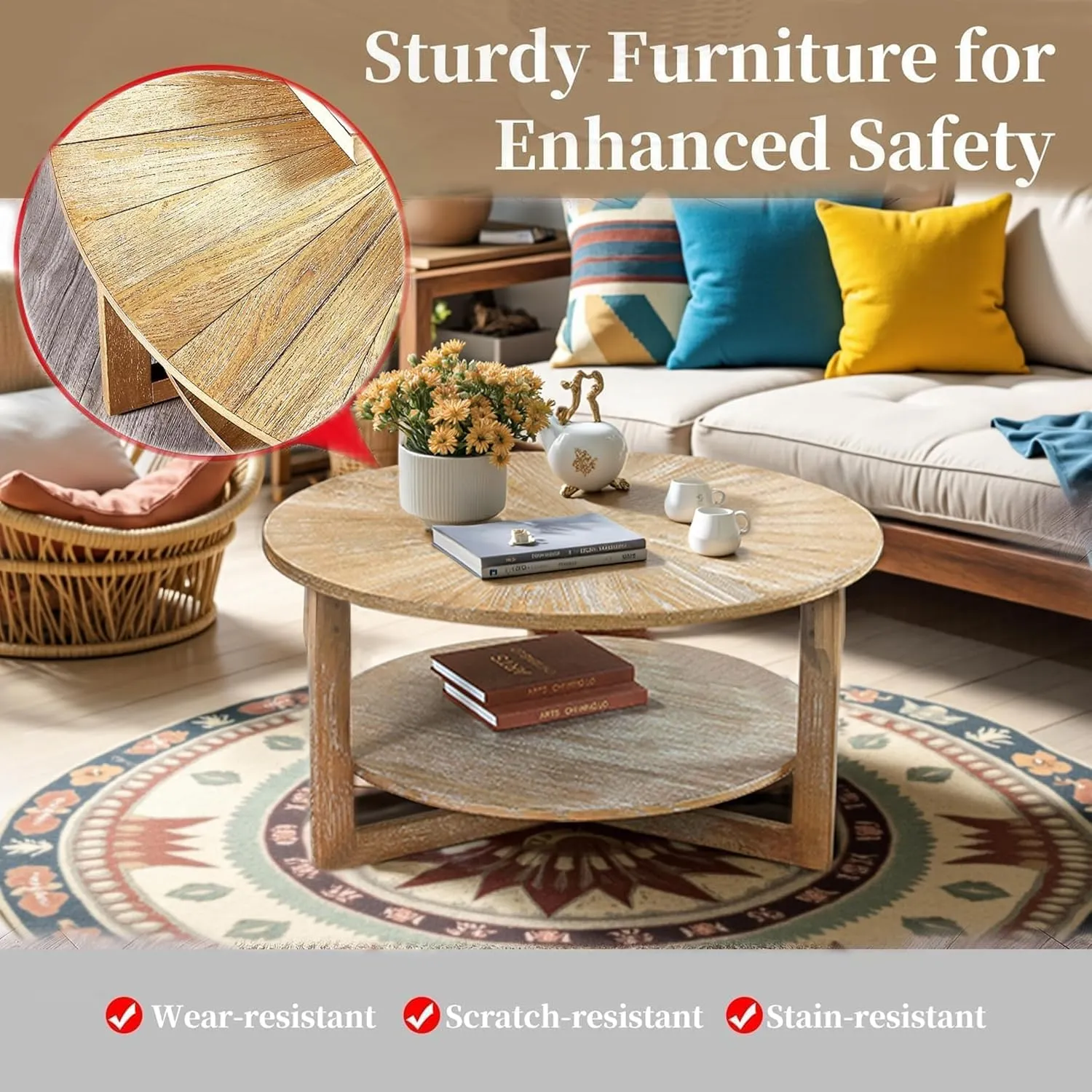 Wood Round Coffee Table for Living Room, 2 Tier Circle Rustic Coffee Table for Apartment Small Spaces, Easy Assembly (Light Brown,35" Dx35 Wx18 H)