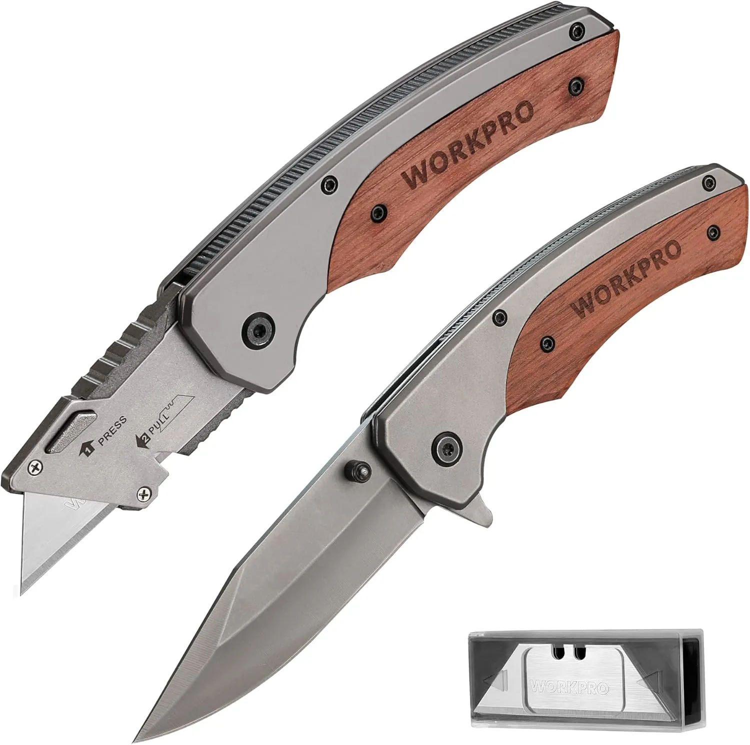 WORKPRO Folding Utility Knife & EDC Pocket Knife, Quick-Change Wood Handle Razor Box Cutter and Foldable Knife Kit with Extra 10PC SK5 Blades for Indoor and Outdoor Activities