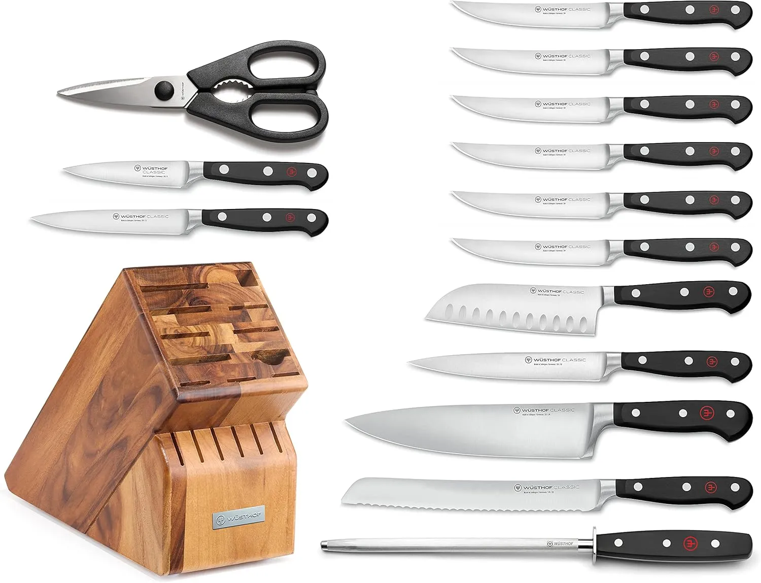 Wusthof Classic 15-Piece Knife Block Set with Stainless Steel Knives
