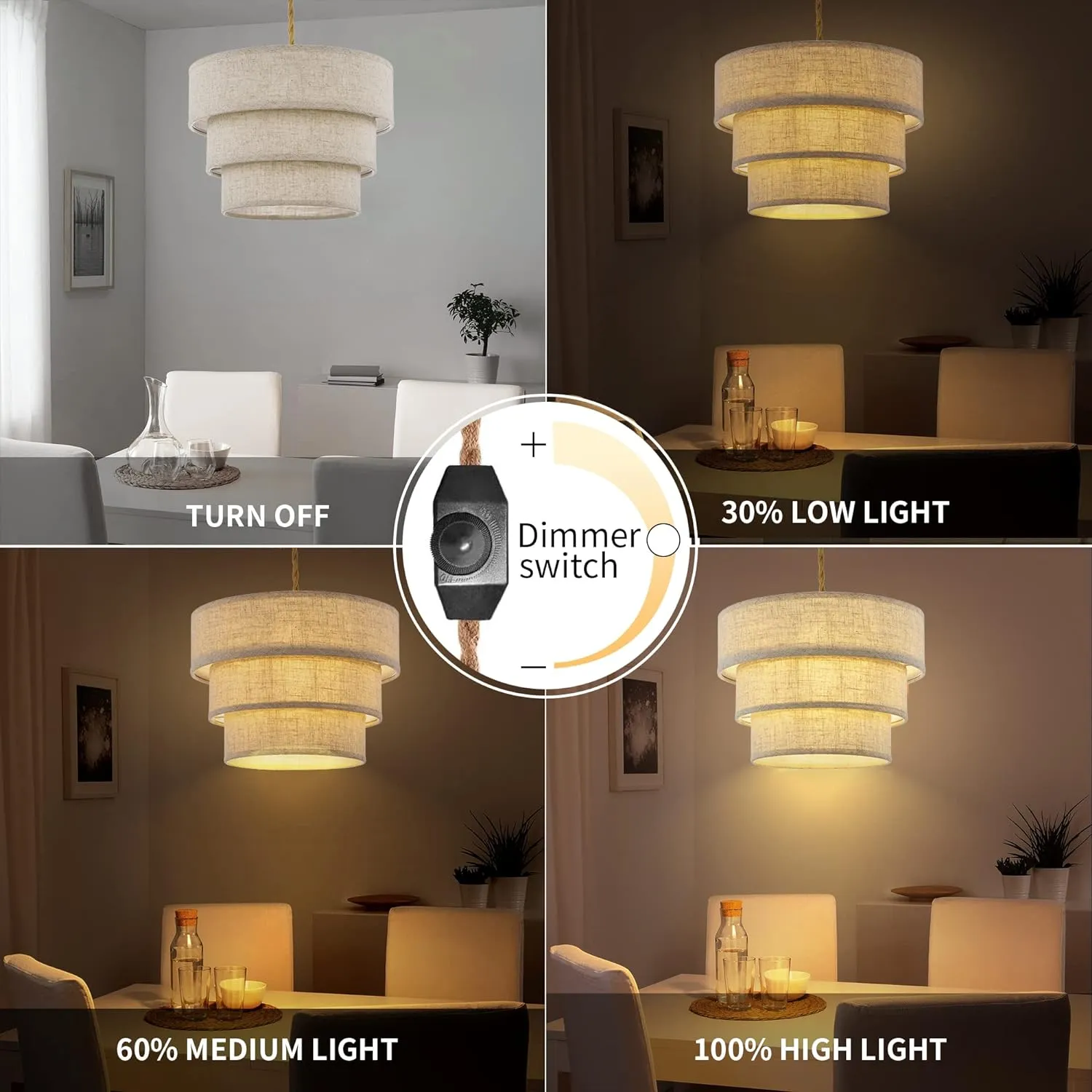 XININSUN 3-Tier Drum Linen Plug in Pendant Light with15ft Hemp Rope Cord E26 Dimmer Switch Hanging Lights Fixture Plug in Chandelier for Kitchen Island Dining Room Entryway Hallway-1Pack