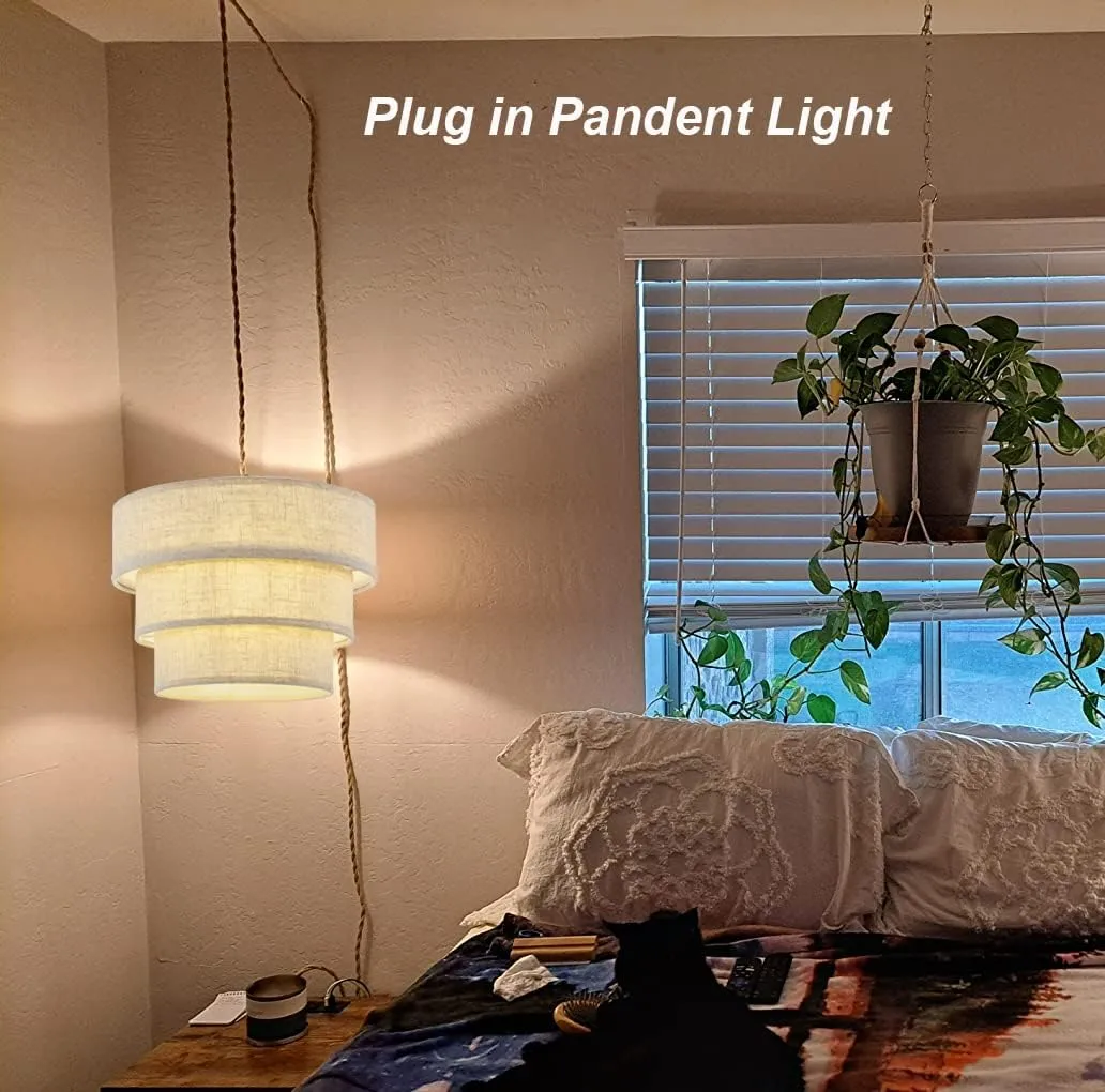 XININSUN 3-Tier Drum Linen Plug in Pendant Light with15ft Hemp Rope Cord E26 Dimmer Switch Hanging Lights Fixture Plug in Chandelier for Kitchen Island Dining Room Entryway Hallway-1Pack