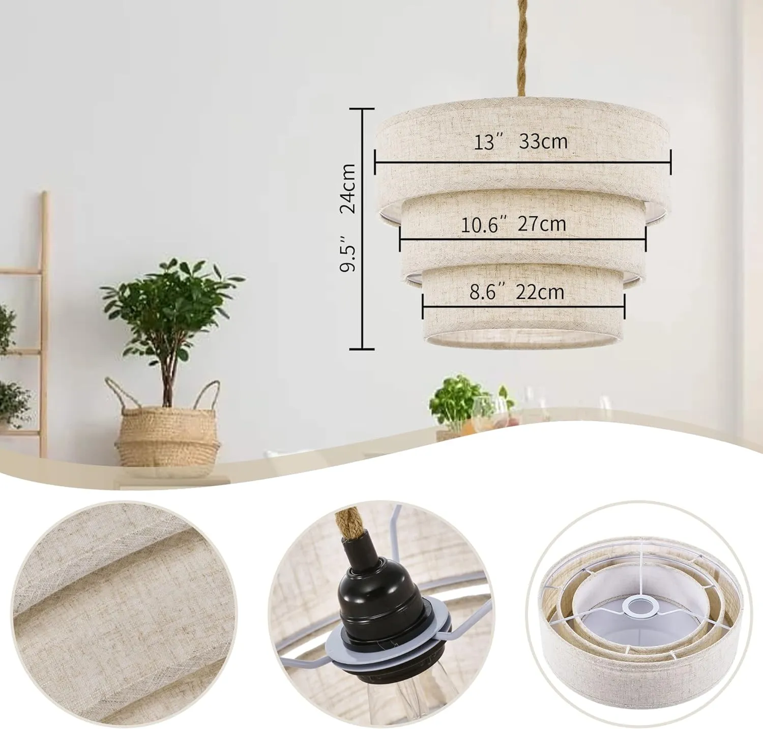 XININSUN 3-Tier Drum Linen Plug in Pendant Light with15ft Hemp Rope Cord E26 Dimmer Switch Hanging Lights Fixture Plug in Chandelier for Kitchen Island Dining Room Entryway Hallway-1Pack