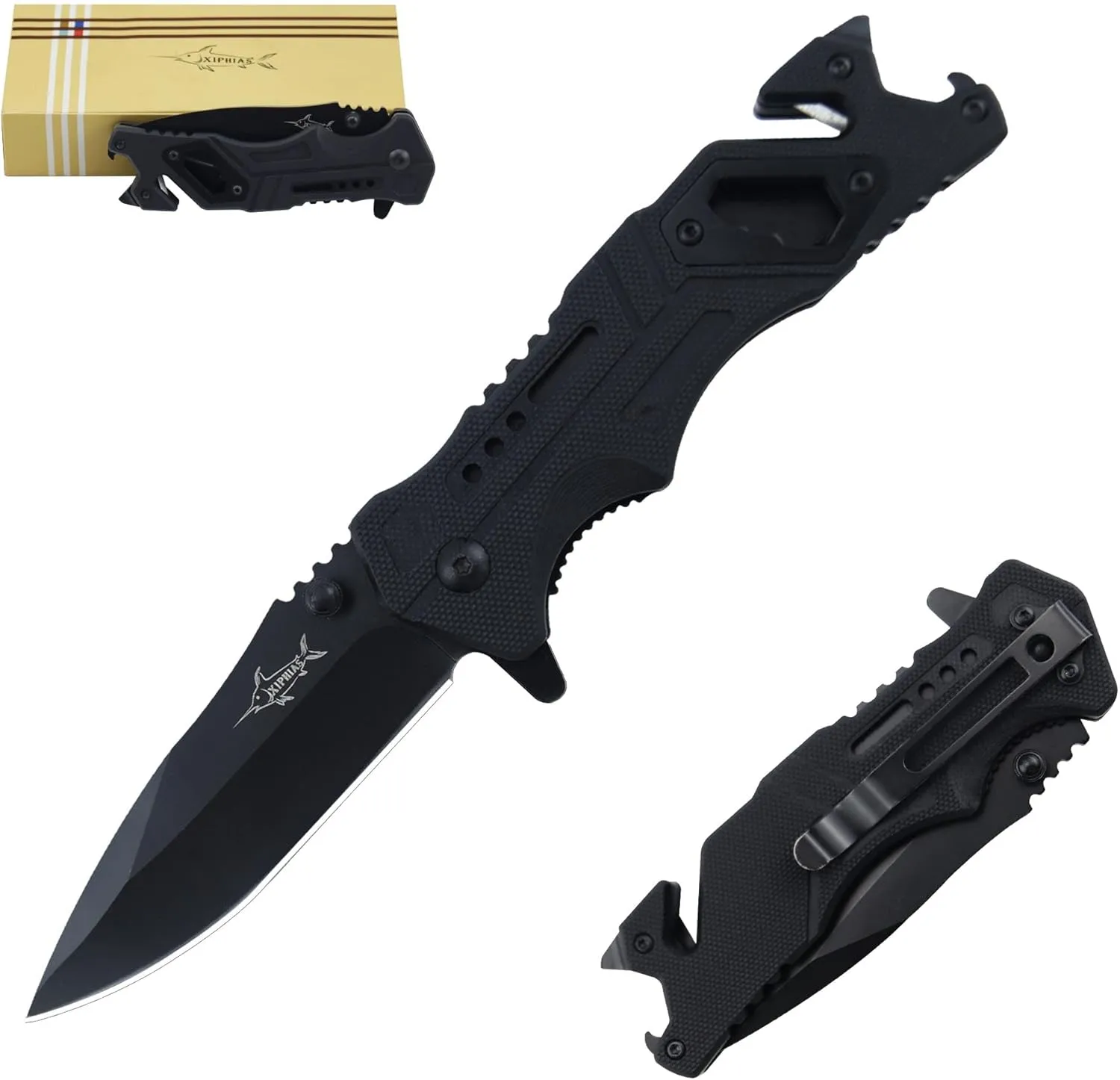XIPHIAS Pocket Folding Knife, 7.9" Length, 3Cr13 Steel Blade, G10 Handle, Quick Open & Lock, for Camping Hunting Fishing, XSR235B
