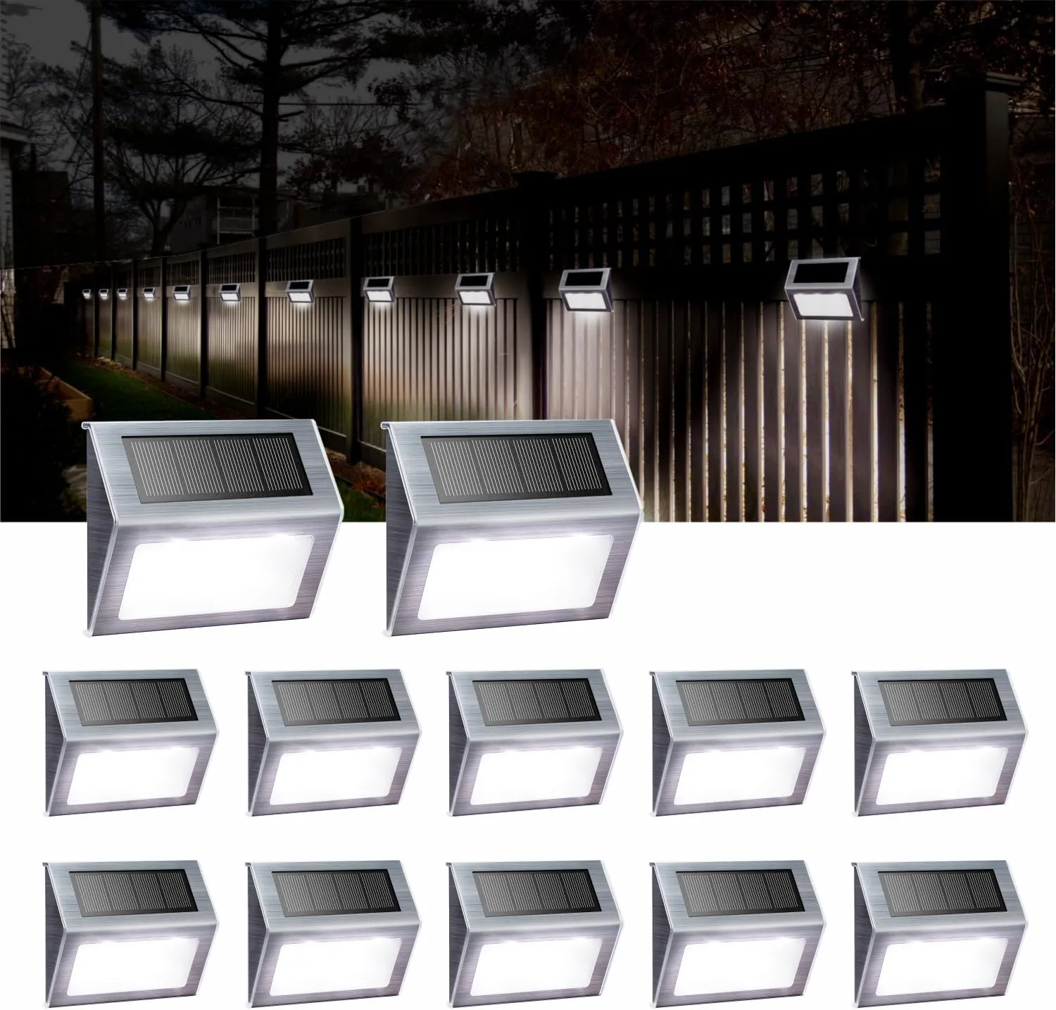 XLUX Solar Powered Lights for Deck Steps Stairs Fences Pathway Path, LED lamp, Outdoor Waterproof, White Light 12 Pack