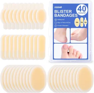XSEINO Better Blister Bandages - 40ct - Water Resistant - 40% More Cushioning - Hydrocolloid Bandages for Foot, Toe, & Heel - Blister Pads for Prevention & Recovery - Super Quantity Variety Pack