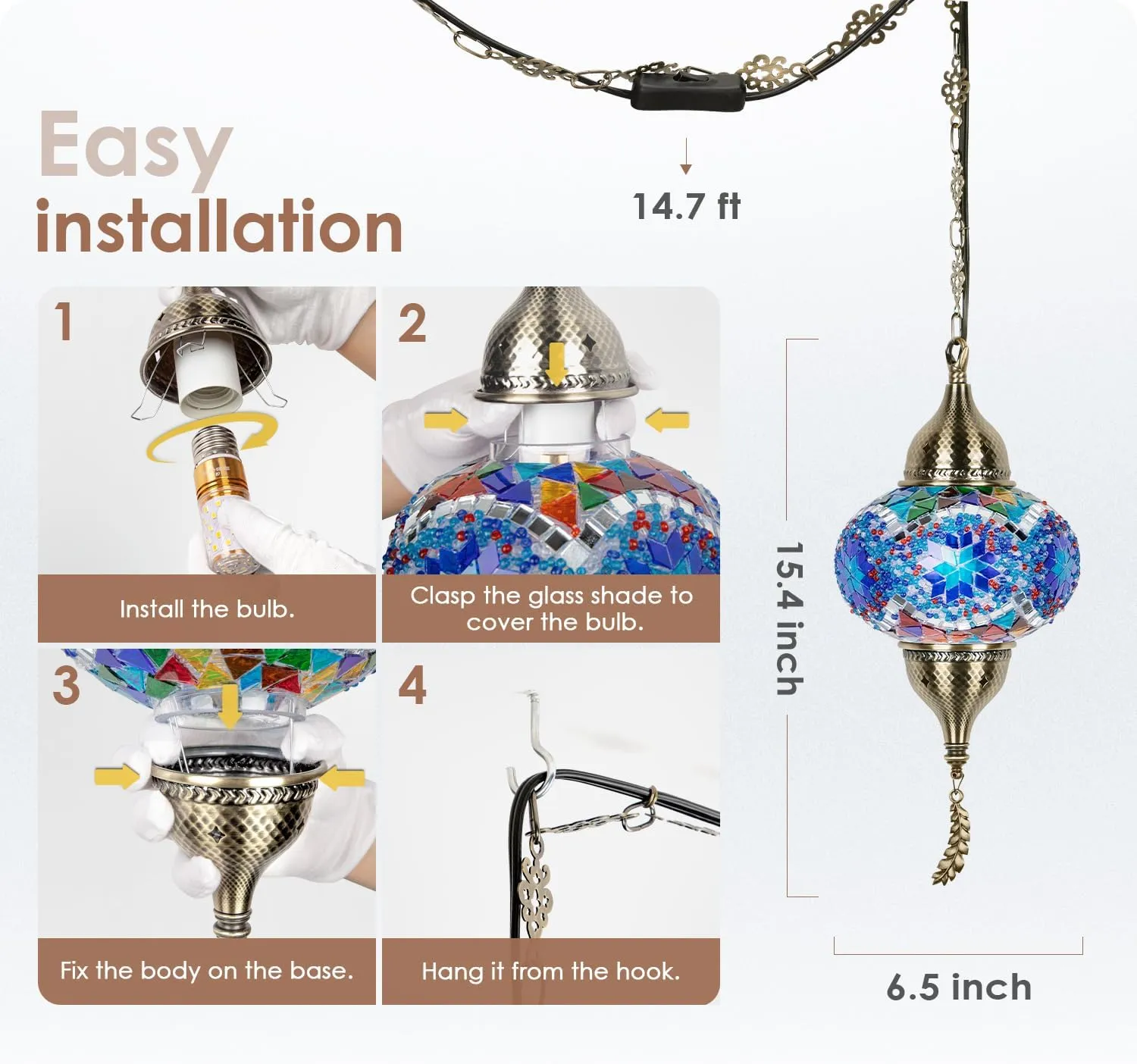 Yarra-Decor Turkish Moroccan Pendant Hanging Light with 15-Foot Cord - Exquisite Tiffany Style Mosaic Ceiling Lamp for Bedroom, Living Room(Blue1)