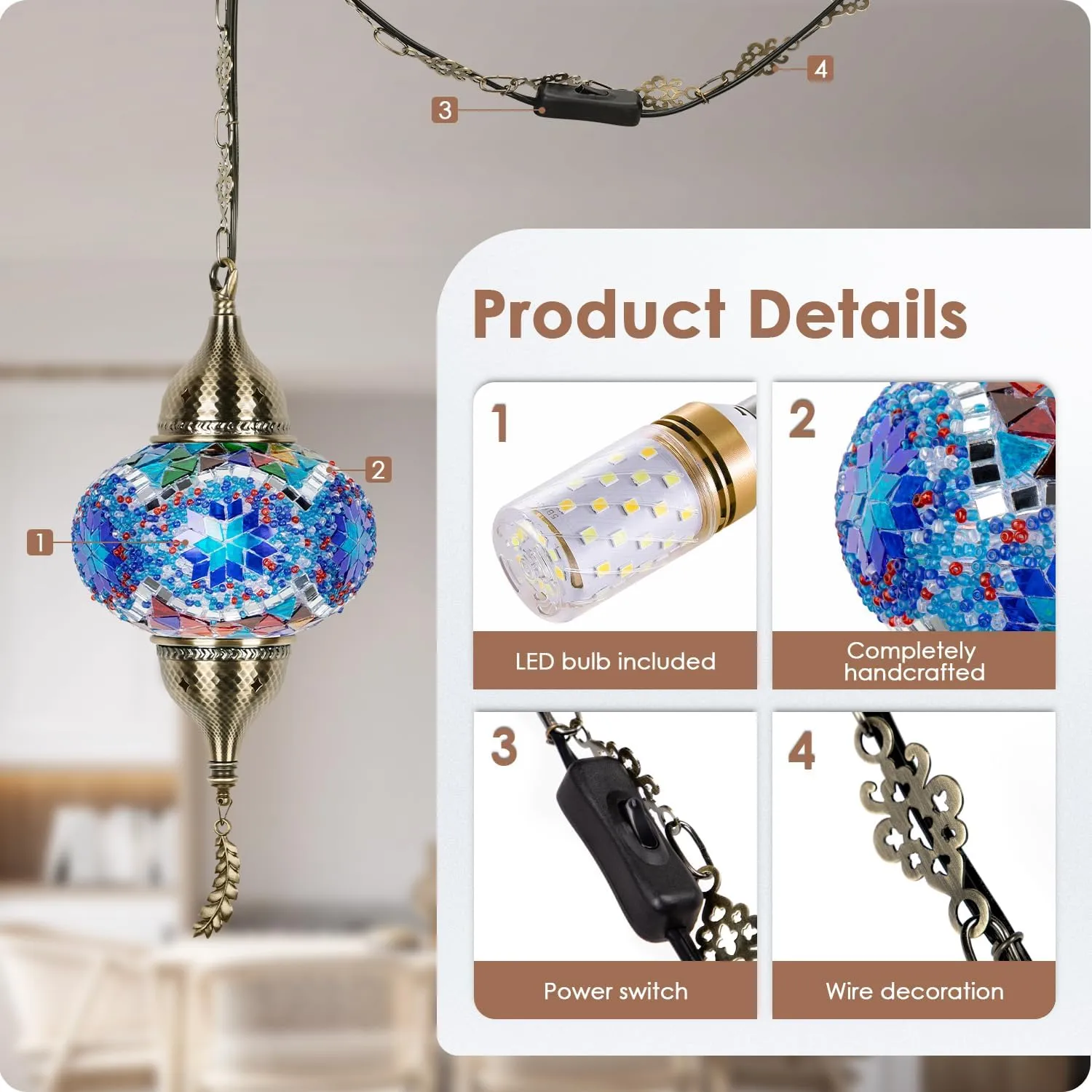 Yarra-Decor Turkish Moroccan Pendant Hanging Light with 15-Foot Cord - Exquisite Tiffany Style Mosaic Ceiling Lamp for Bedroom, Living Room(Blue1)