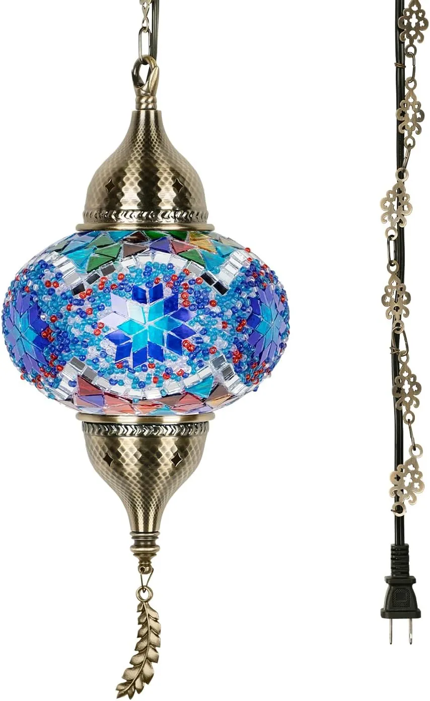 Yarra-Decor Turkish Moroccan Pendant Hanging Light with 15-Foot Cord - Exquisite Tiffany Style Mosaic Ceiling Lamp for Bedroom, Living Room(Blue1)