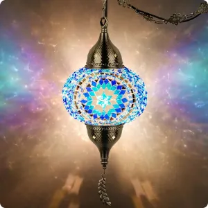 Yarra-Decor Turkish Moroccan Pendant Hanging Light with 15-Foot Cord - Exquisite Tiffany Style Mosaic Ceiling Lamp for Bedroom, Living Room(Blue2)