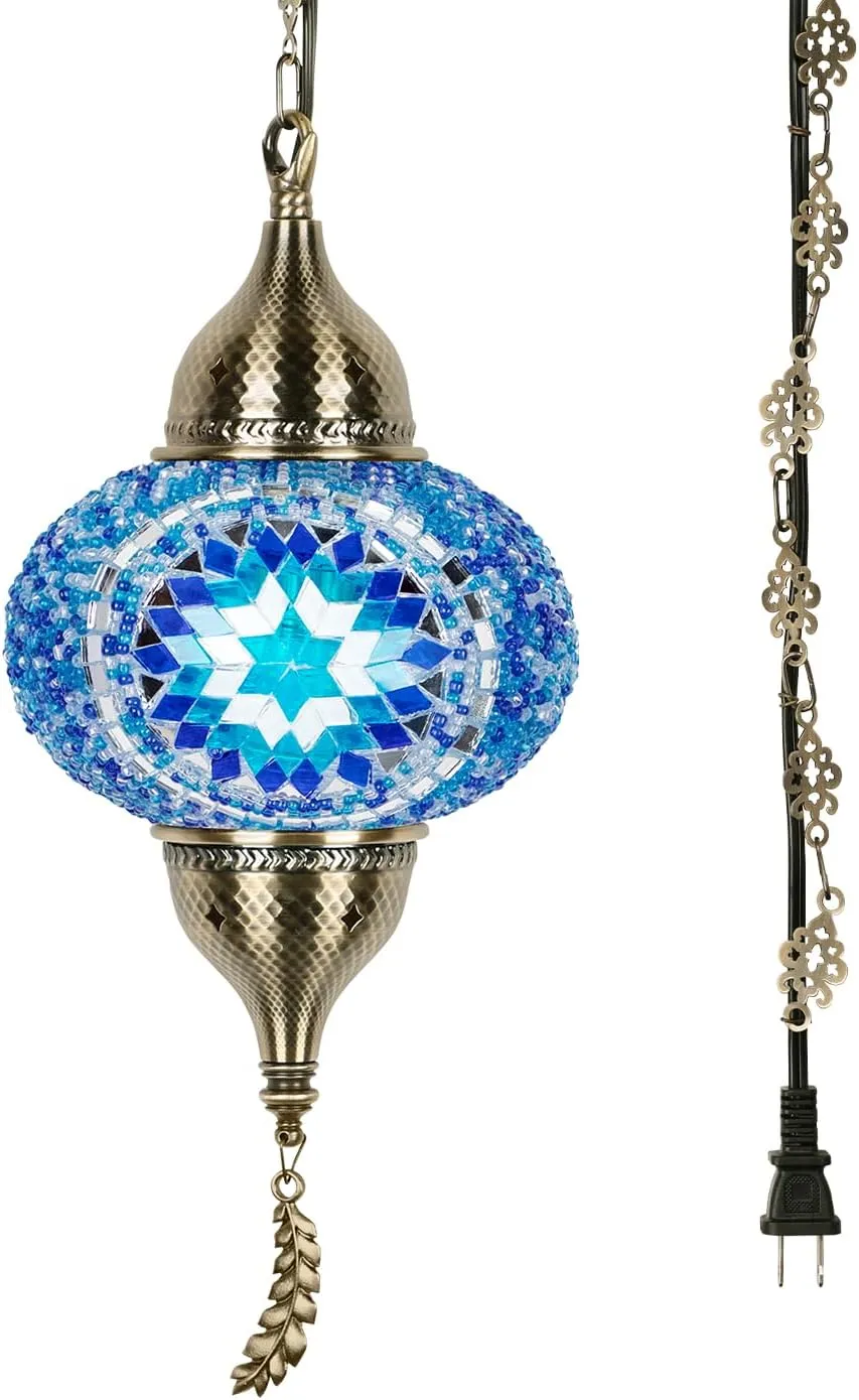 Yarra-Decor Turkish Moroccan Pendant Hanging Light with 15-Foot Cord - Exquisite Tiffany Style Mosaic Ceiling Lamp for Bedroom, Living Room(Blue2)