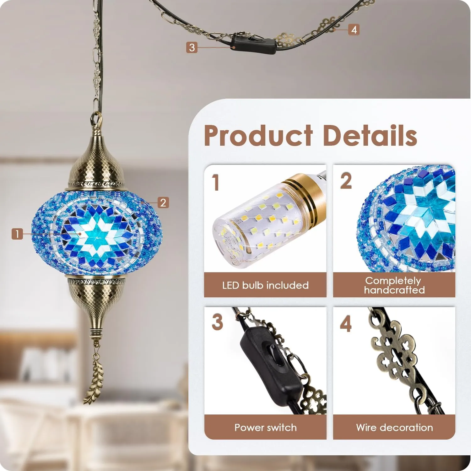 Yarra-Decor Turkish Moroccan Pendant Hanging Light with 15-Foot Cord - Exquisite Tiffany Style Mosaic Ceiling Lamp for Bedroom, Living Room(Blue2)