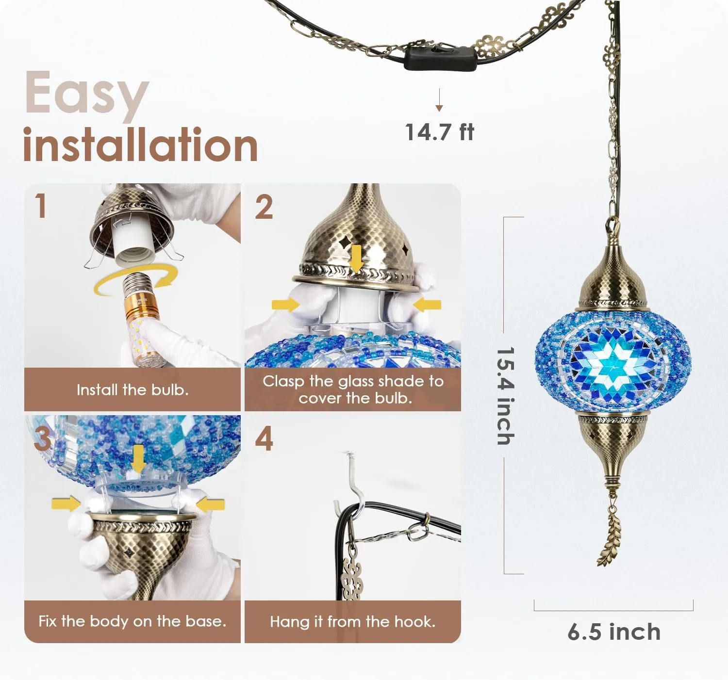 Yarra-Decor Turkish Moroccan Pendant Hanging Light with 15-Foot Cord - Exquisite Tiffany Style Mosaic Ceiling Lamp for Bedroom, Living Room(Blue2)