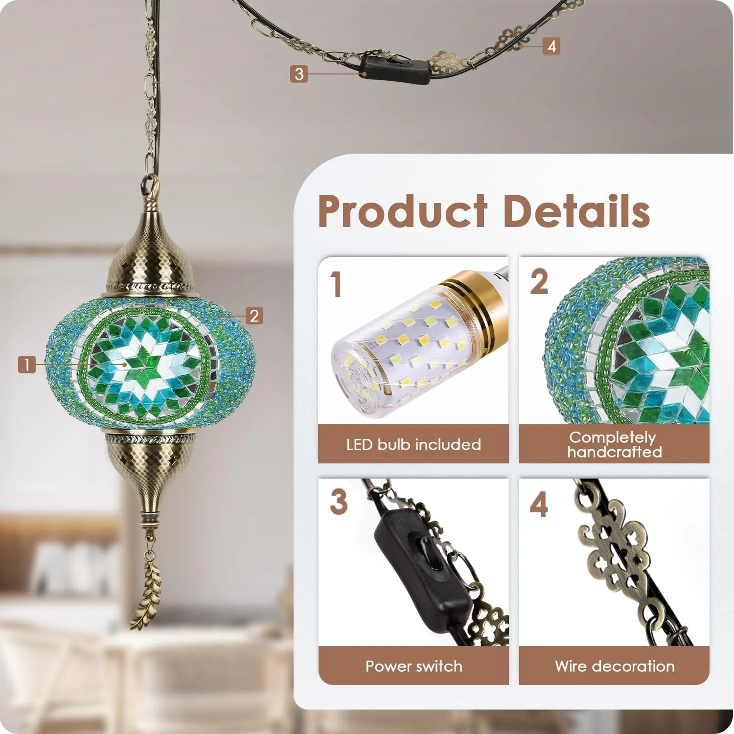 Yarra-Decor Turkish Moroccan Pendant Hanging Light with 15-Foot Cord - Exquisite Tiffany Style Mosaic Ceiling Lamp for Bedroom, Living Room(Green1)