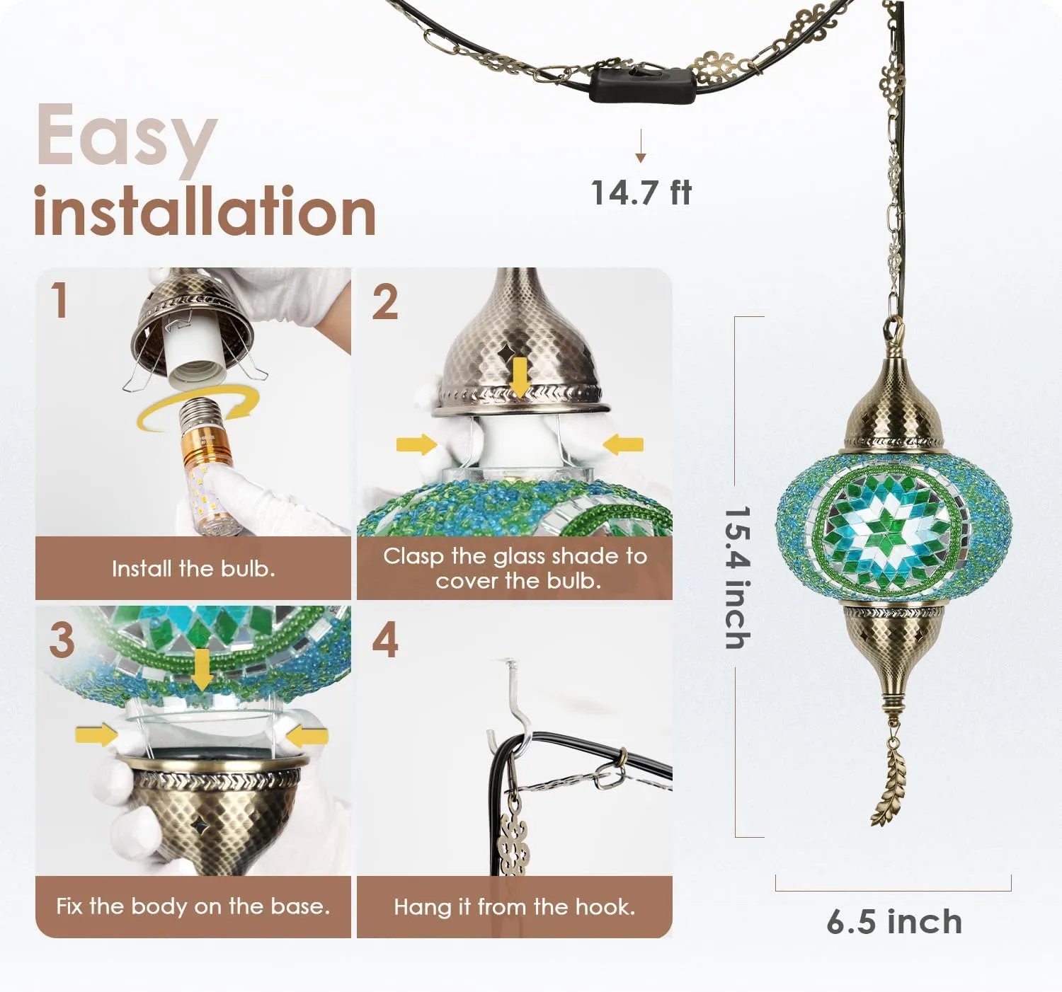 Yarra-Decor Turkish Moroccan Pendant Hanging Light with 15-Foot Cord - Exquisite Tiffany Style Mosaic Ceiling Lamp for Bedroom, Living Room(Green1)