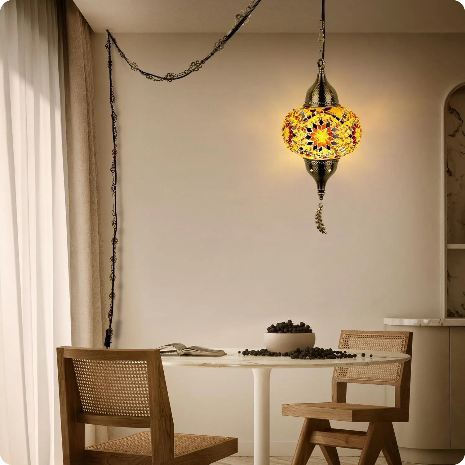 Yarra-Decor Turkish Moroccan Pendant Hanging Light with 15-Foot Cord - Exquisite Tiffany Style Mosaic Ceiling Lamp for Bedroom, Living Room(Yellow1)
