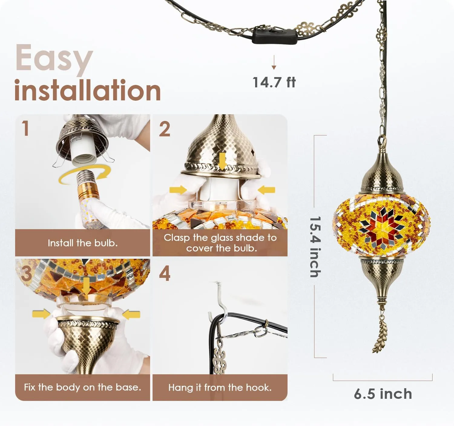 Yarra-Decor Turkish Moroccan Pendant Hanging Light with 15-Foot Cord - Exquisite Tiffany Style Mosaic Ceiling Lamp for Bedroom, Living Room(Yellow1)